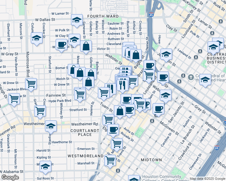 map of restaurants, bars, coffee shops, grocery stores, and more near 215 McGowen Street in Houston