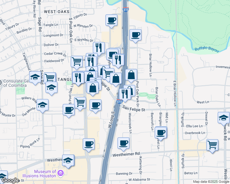 map of restaurants, bars, coffee shops, grocery stores, and more near 1800 West Loop South in Houston