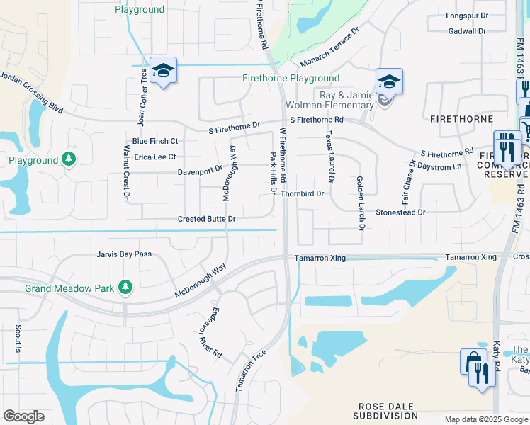 map of restaurants, bars, coffee shops, grocery stores, and more near 2843 Park Hills Drive in Katy