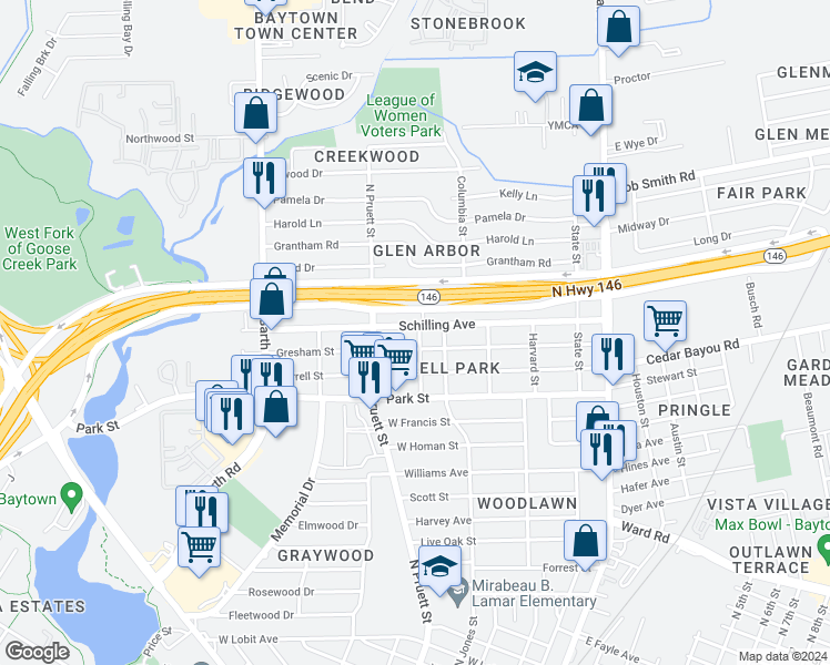 map of restaurants, bars, coffee shops, grocery stores, and more near 501 Schilling Avenue in Baytown