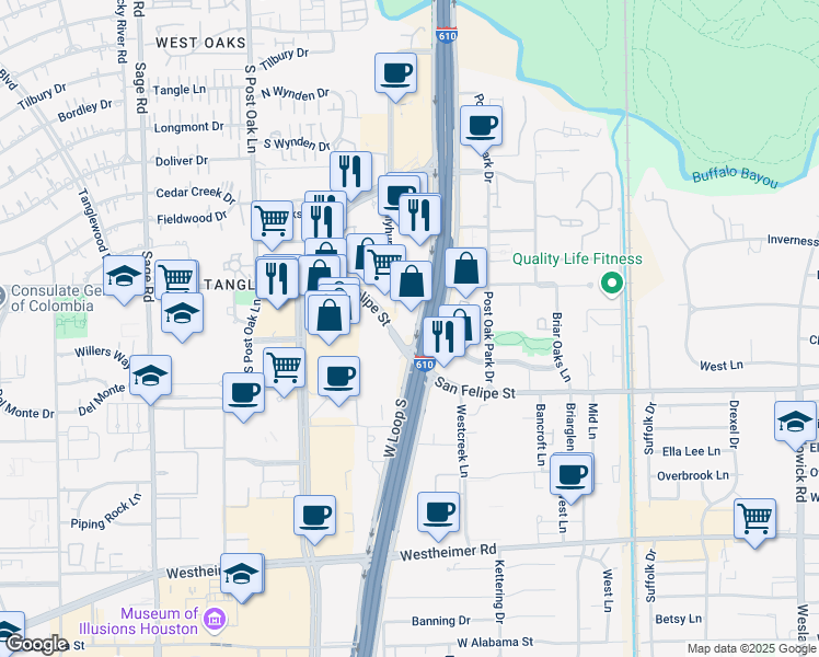 map of restaurants, bars, coffee shops, grocery stores, and more near 1750 West Loop South in Houston