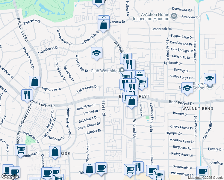 map of restaurants, bars, coffee shops, grocery stores, and more near 11250 Briar Forest Drive in Houston