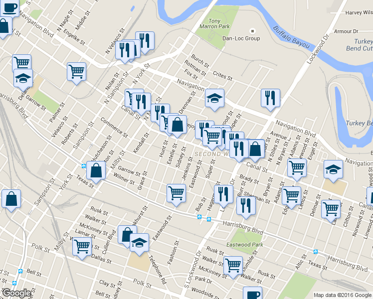 map of restaurants, bars, coffee shops, grocery stores, and more near 105 North Jenkins Street in Houston
