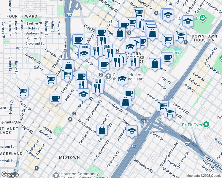 map of restaurants, bars, coffee shops, grocery stores, and more near 1115 Saint Joseph Parkway in Houston