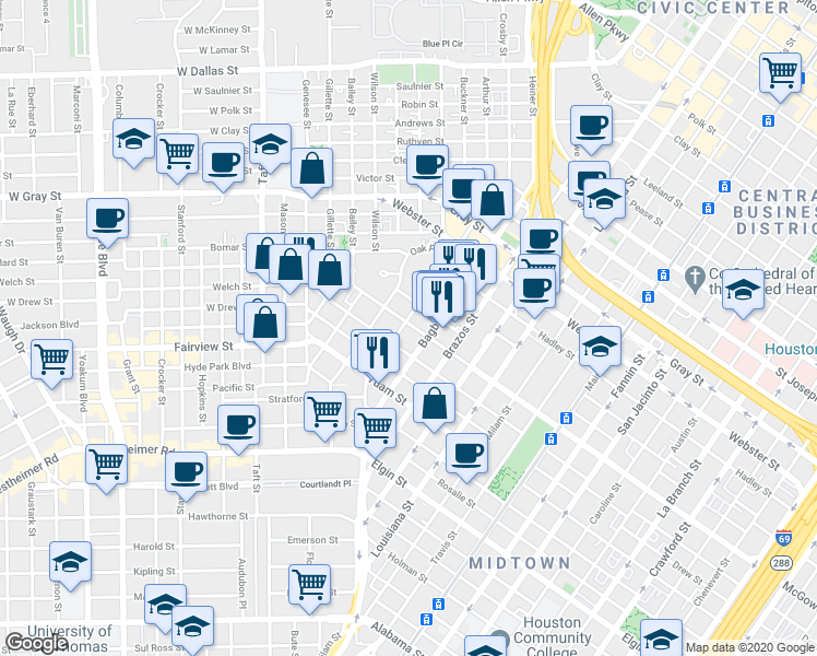 map of restaurants, bars, coffee shops, grocery stores, and more near 215 McGowen Street in Houston
