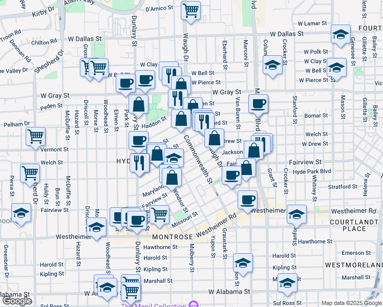 map of restaurants, bars, coffee shops, grocery stores, and more near 1408 Indiana Street in Houston