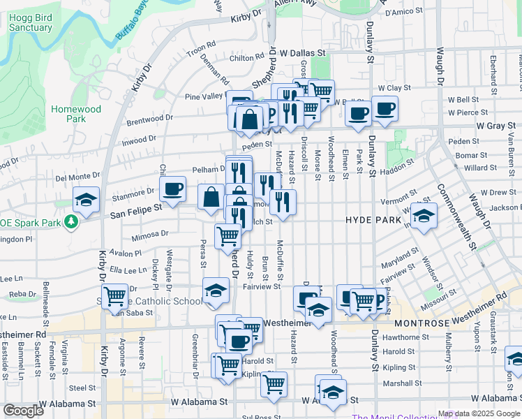 map of restaurants, bars, coffee shops, grocery stores, and more near 1810 Brun Street in Houston