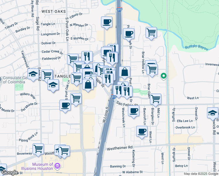 map of restaurants, bars, coffee shops, grocery stores, and more near 1750 West Loop South in Houston