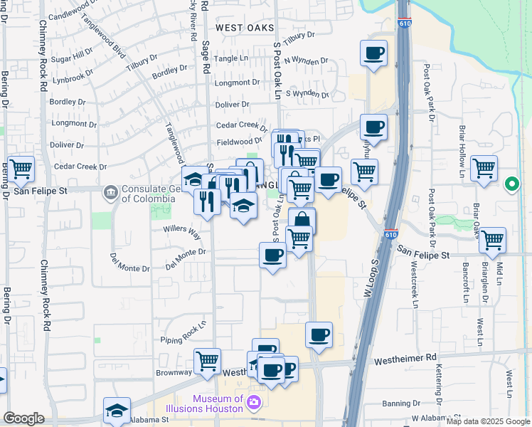 map of restaurants, bars, coffee shops, grocery stores, and more near 5151 San Felipe Street in Houston