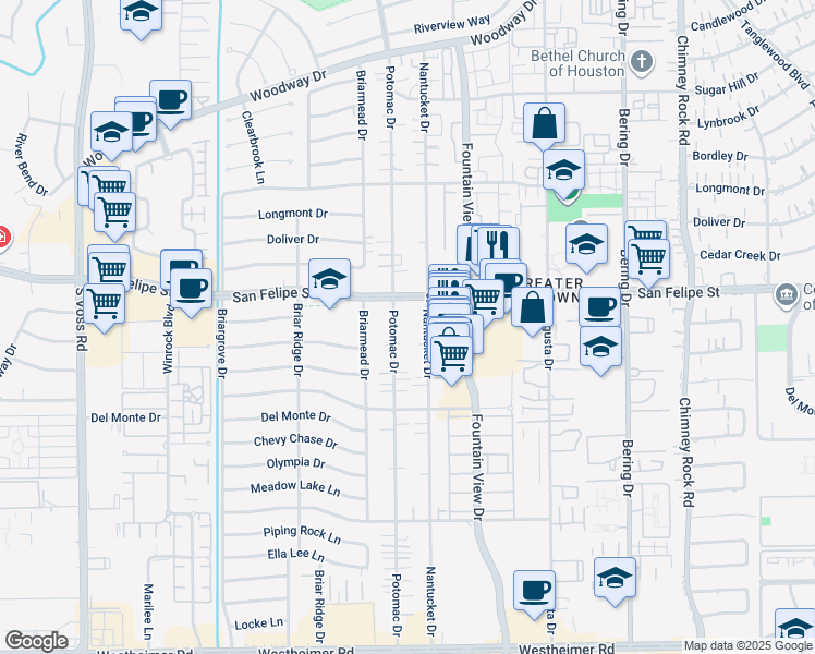 map of restaurants, bars, coffee shops, grocery stores, and more near 6019 San Felipe Street in Houston