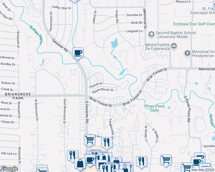 map of restaurants, bars, coffee shops, grocery stores, and more near 9576 Doliver Drive in Houston