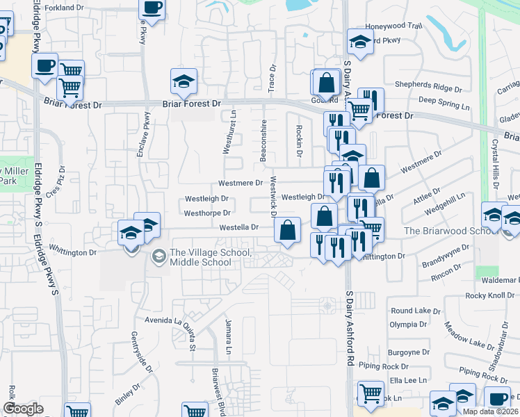 map of restaurants, bars, coffee shops, grocery stores, and more near 12814 Westleigh Drive in Houston