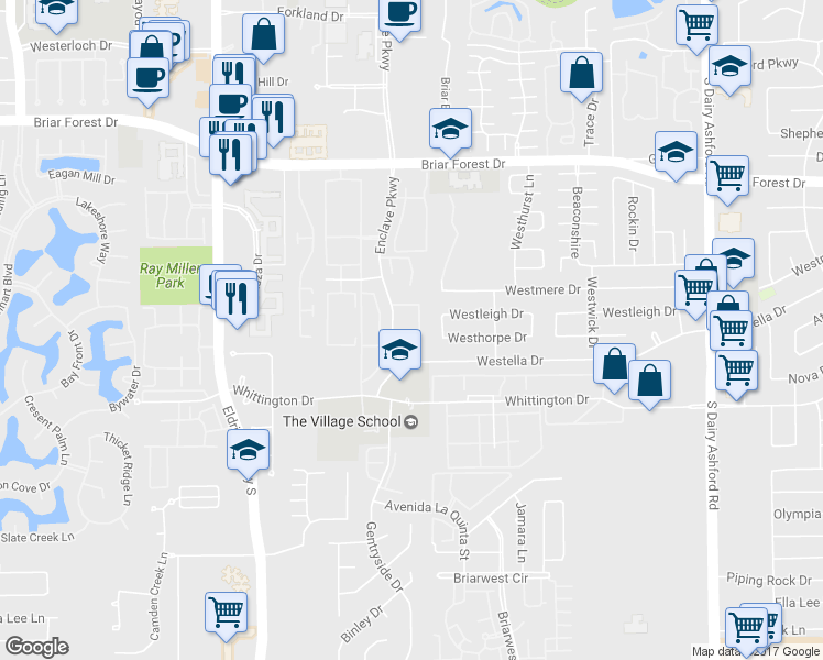 map of restaurants, bars, coffee shops, grocery stores, and more near 1815 Enclave Parkway in Houston