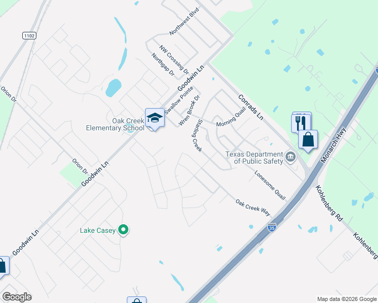 map of restaurants, bars, coffee shops, grocery stores, and more near 349 Starling Creek in New Braunfels