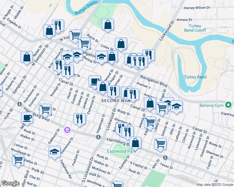 map of restaurants, bars, coffee shops, grocery stores, and more near 4613 Schroeder Street in Houston