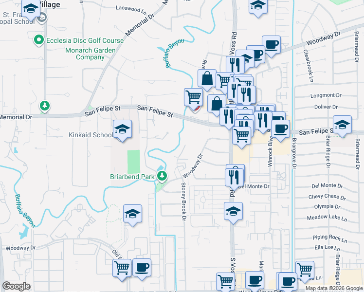 map of restaurants, bars, coffee shops, grocery stores, and more near 1800 Stoney Brook Drive in Houston