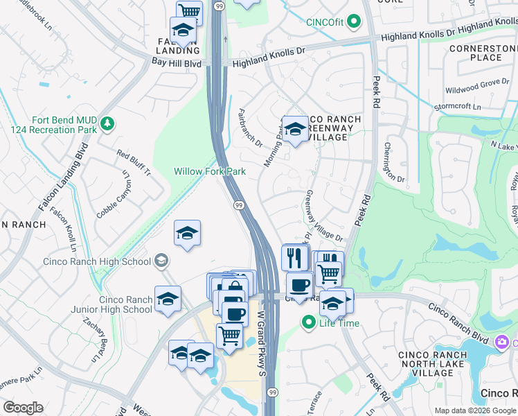 map of restaurants, bars, coffee shops, grocery stores, and more near 2143 Morning Park Drive in Katy