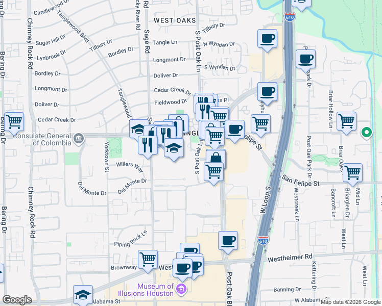 map of restaurants, bars, coffee shops, grocery stores, and more near 1750 Sky Lark Lane in Houston