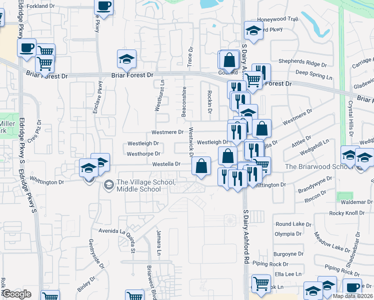 map of restaurants, bars, coffee shops, grocery stores, and more near 12814 Westleigh Drive in Houston