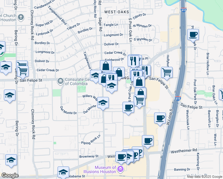 map of restaurants, bars, coffee shops, grocery stores, and more near 5161 San Felipe Street in Houston