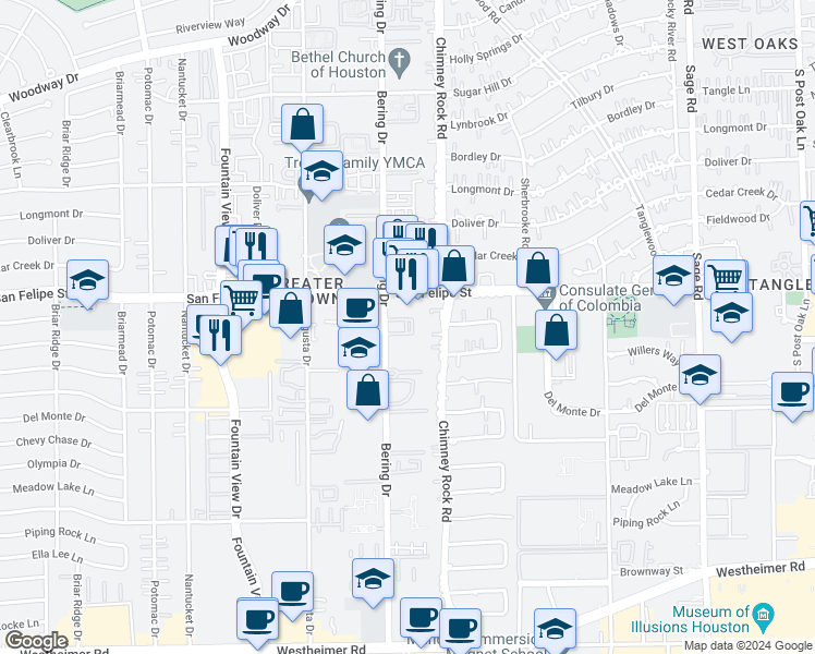 map of restaurants, bars, coffee shops, grocery stores, and more near 5749 San Felipe Street in Houston