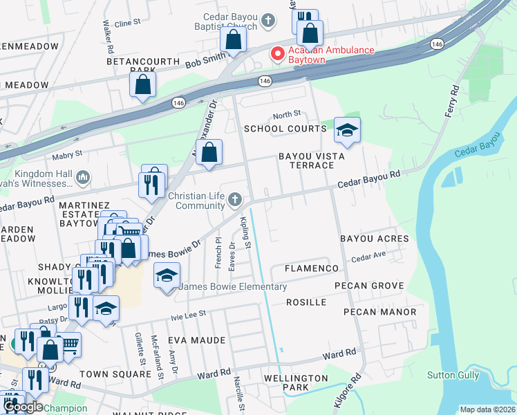 map of restaurants, bars, coffee shops, grocery stores, and more near 2110 James Bowie Drive in Baytown