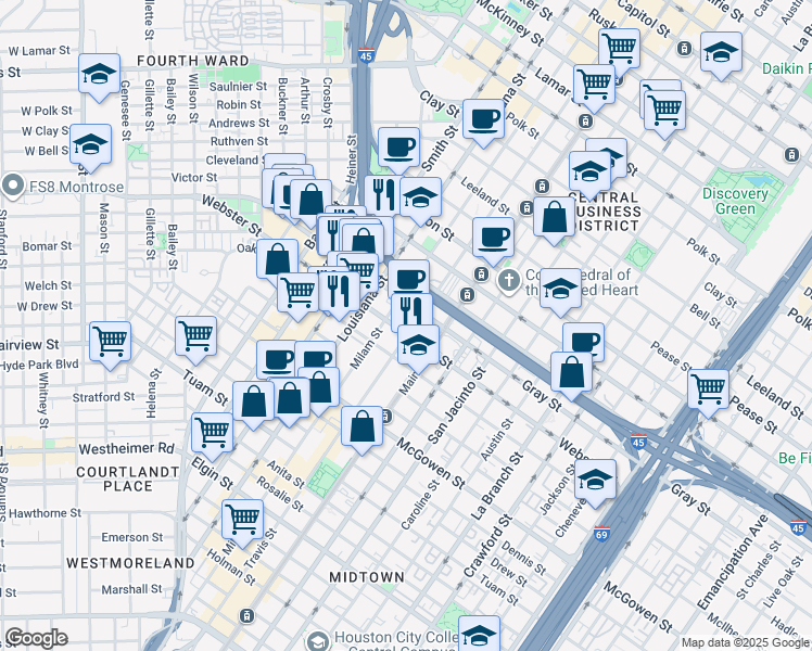 map of restaurants, bars, coffee shops, grocery stores, and more near 2107 Milam Street in Houston