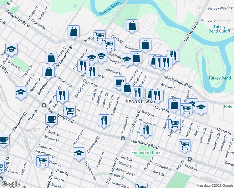 map of restaurants, bars, coffee shops, grocery stores, and more near 113 North Eastwood Street in Houston