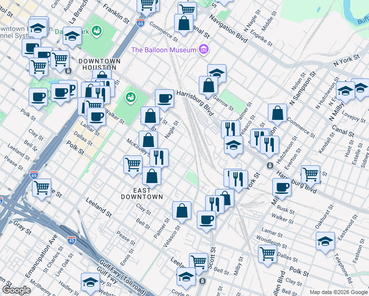 map of restaurants, bars, coffee shops, grocery stores, and more near 2810 Capitol Street in Houston