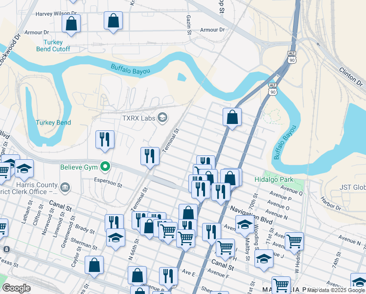 map of restaurants, bars, coffee shops, grocery stores, and more near 6637 Avenue R in Houston