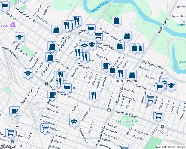 map of restaurants, bars, coffee shops, grocery stores, and more near 2 Estelle Street in Houston