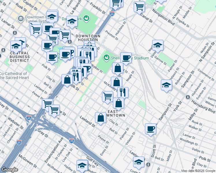 map of restaurants, bars, coffee shops, grocery stores, and more near 2401 McKinney Street in Houston