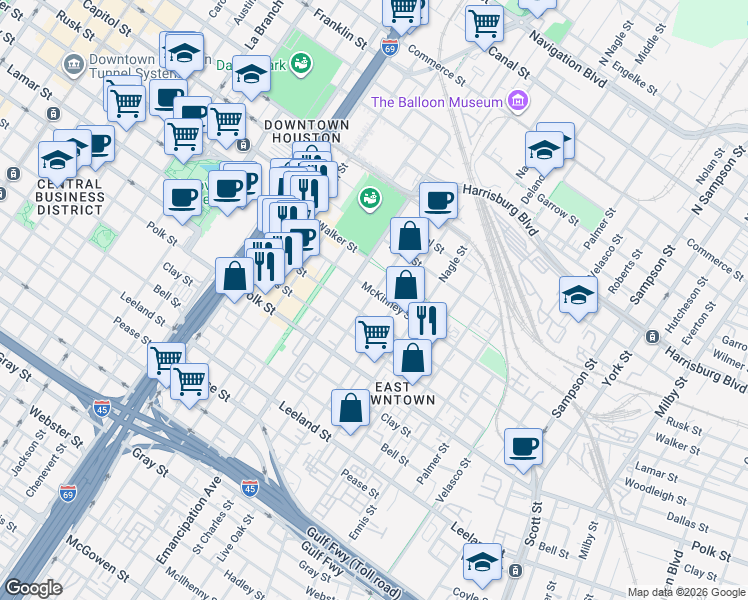 map of restaurants, bars, coffee shops, grocery stores, and more near 2401 McKinney Street in Houston