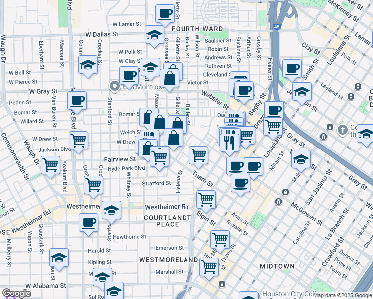 map of restaurants, bars, coffee shops, grocery stores, and more near 2619 Helena Street in Houston