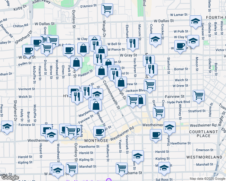map of restaurants, bars, coffee shops, grocery stores, and more near 1408 Indiana Street in Houston