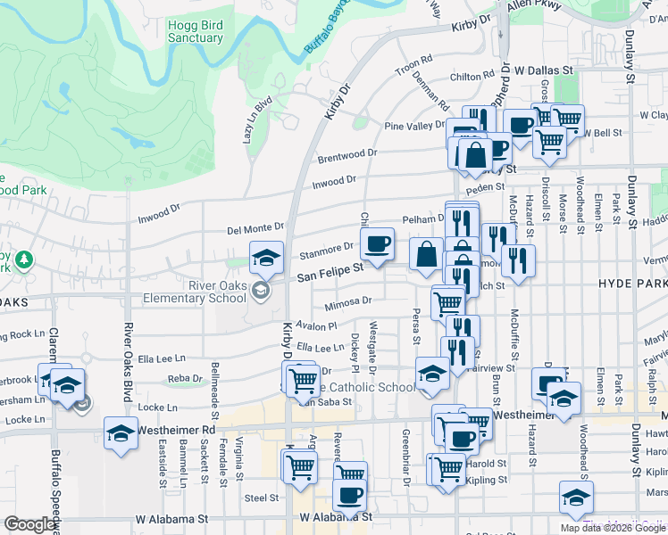 map of restaurants, bars, coffee shops, grocery stores, and more near 2433 Stanmore Drive in Houston