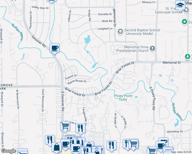 map of restaurants, bars, coffee shops, grocery stores, and more near 9400 Doliver Drive in Houston