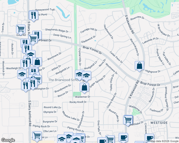 map of restaurants, bars, coffee shops, grocery stores, and more near 12107 Wedgehill Lane in Houston
