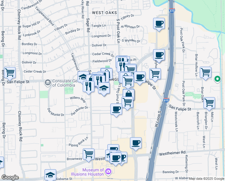 map of restaurants, bars, coffee shops, grocery stores, and more near 1750 Sky Lark Lane in Houston