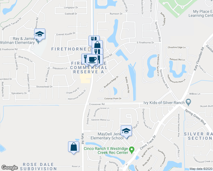 map of restaurants, bars, coffee shops, grocery stores, and more near 27907 Bradford Ridge Drive in Katy