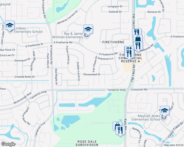 map of restaurants, bars, coffee shops, grocery stores, and more near 2838 Fair Chase Drive in Katy