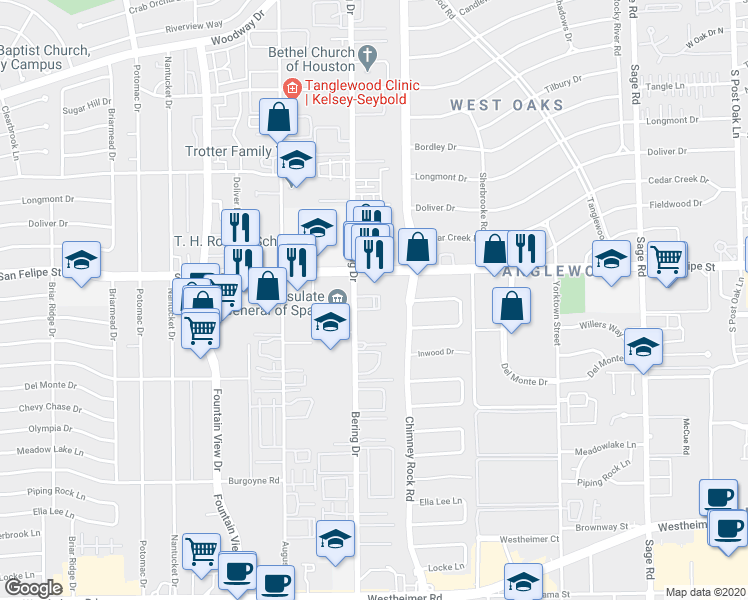 map of restaurants, bars, coffee shops, grocery stores, and more near 1801 Bering Drive in Houston