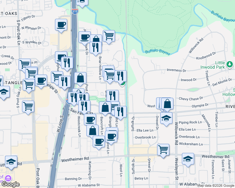 map of restaurants, bars, coffee shops, grocery stores, and more near 4 Briar Dale Court in Houston