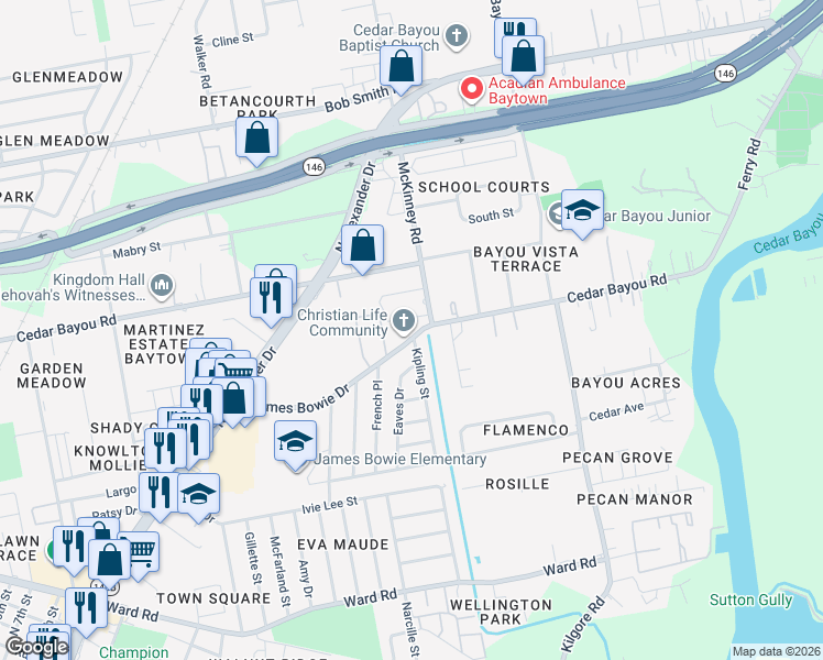 map of restaurants, bars, coffee shops, grocery stores, and more near 2104 James Bowie Drive in Baytown