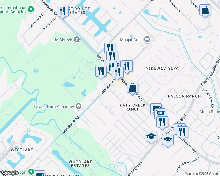 map of restaurants, bars, coffee shops, grocery stores, and more near 3042 Greenbusch Road in Katy