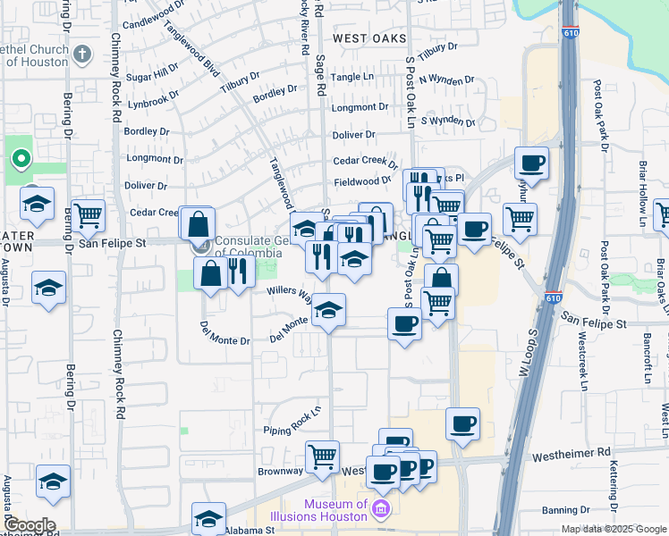 map of restaurants, bars, coffee shops, grocery stores, and more near in Houston