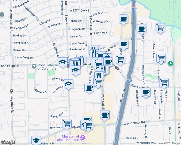map of restaurants, bars, coffee shops, grocery stores, and more near 1934 Sky Lark Lane in Houston