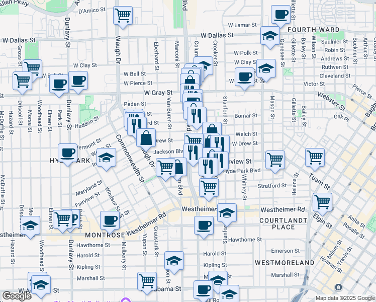 map of restaurants, bars, coffee shops, grocery stores, and more near Montrose Blvd & Jackson Blvd in Houston
