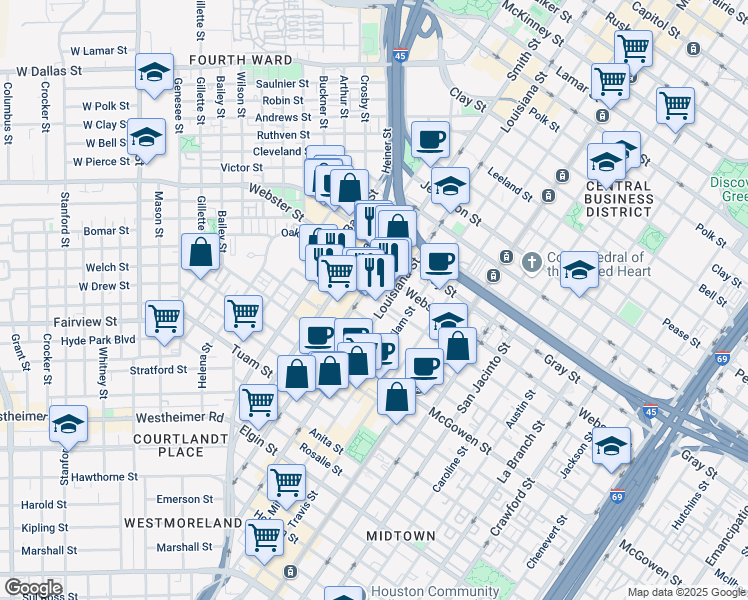 map of restaurants, bars, coffee shops, grocery stores, and more near 612 Hadley Street in Houston