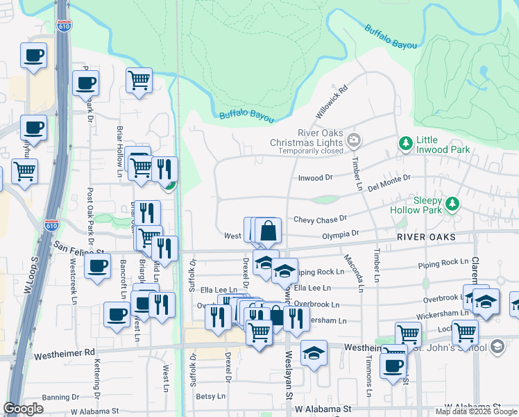 map of restaurants, bars, coffee shops, grocery stores, and more near 3939 Del Monte Drive in Houston
